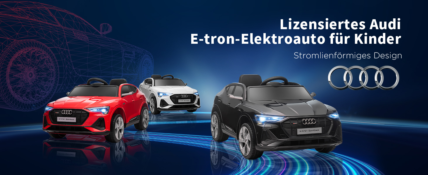 Дитячий електромобіль Audi E-tron 12V HOMCOM, з пультом, ременем безпеки, музикою (MP3/USB/TF), для дітей 3-5 років, чорний