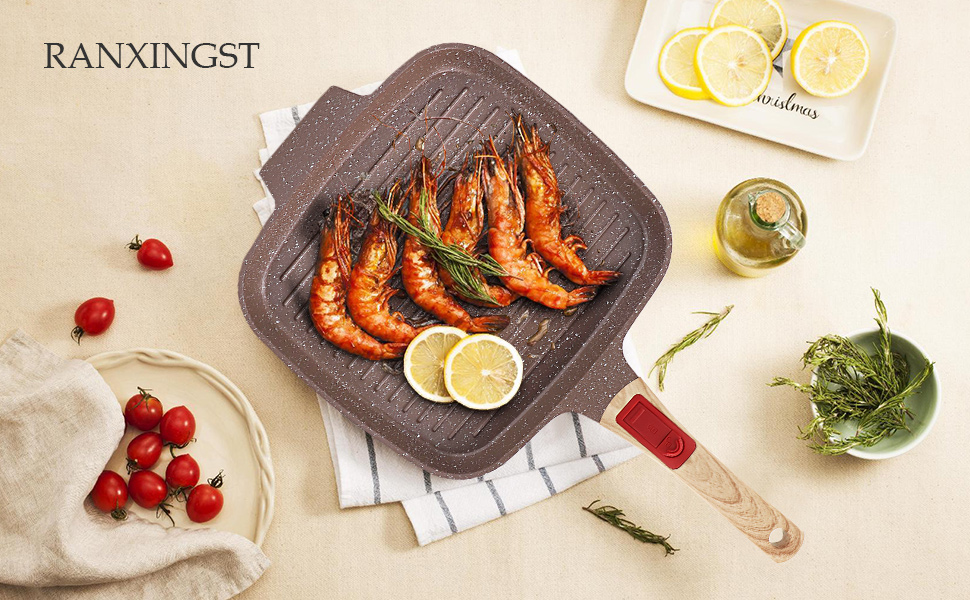 Гриль-сковорода з кришкою для індукційних плит 26 x 24 см, антипригарне покриття з кераміки, гриль-сковорода з знімним ручками, для всіх типів плит, коричнева