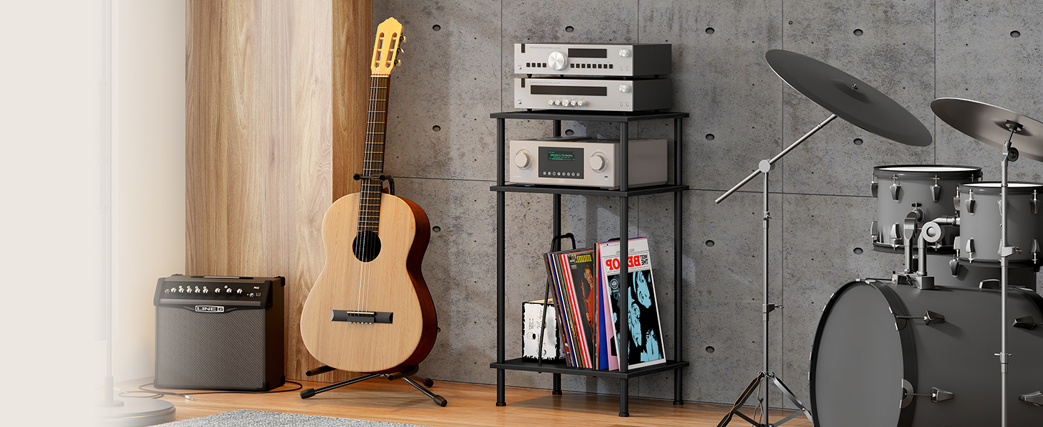 HOOBRO Підставка для програвача, 3-рівнева, приставний столик, органайзер для платівок, CD та альбомів, вінтажний коричневий та чорний (Чорний)