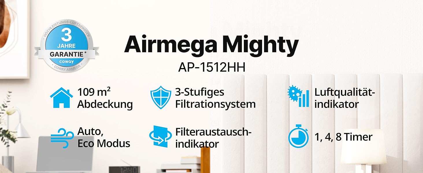 Очищувач повітря COWAY Mighty AP-1512HH з HEPA-фільтром для дому та алергіків, білий (CADR 421 м³/год, еко-режим, від пилу, шерсті та пилку)