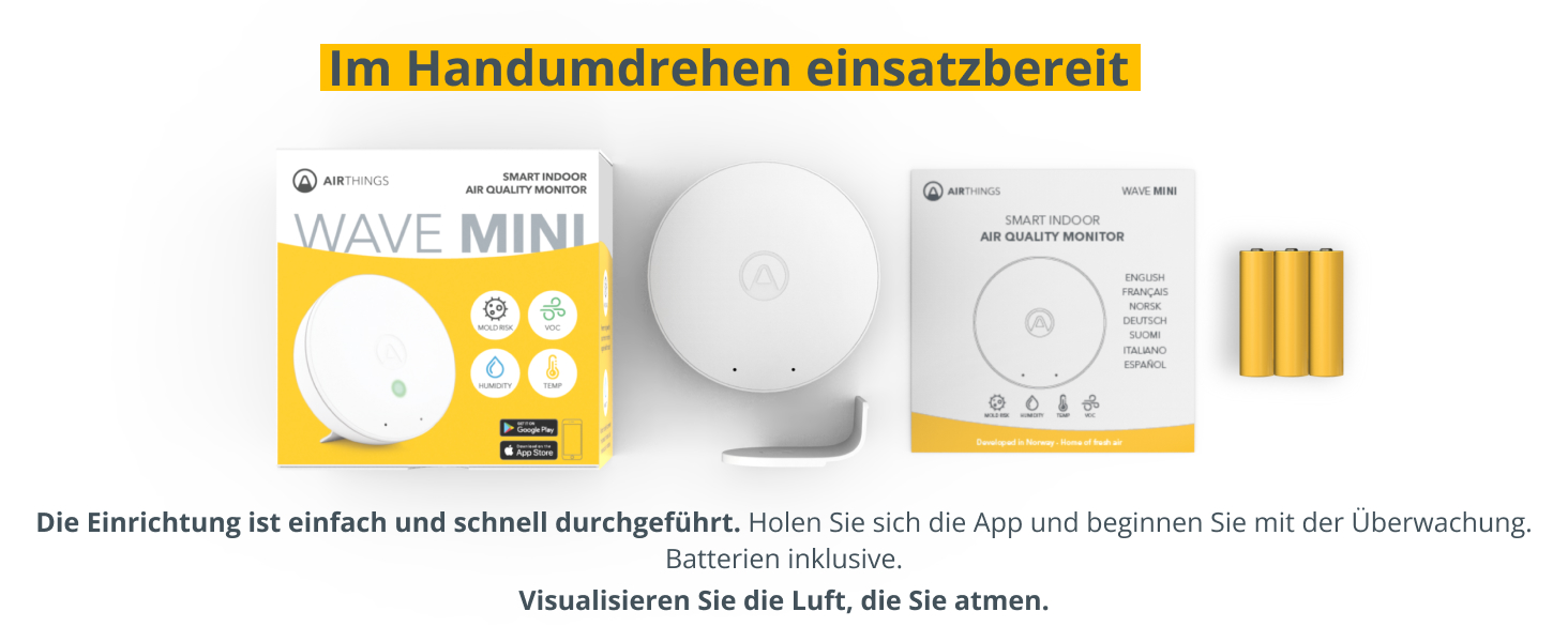 Airthings Wave Mini – компактний датчик якості повітря: температура, вологість, VOCs, ризик плісняви