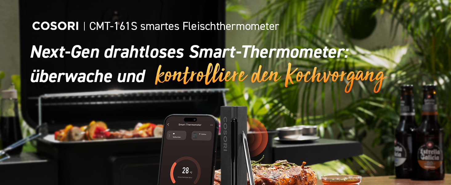 Термометр для м'яса COSORI Smart - бездротовий, Bluetooth, для фритюрниці, приготування на грилі та духовці, чорний