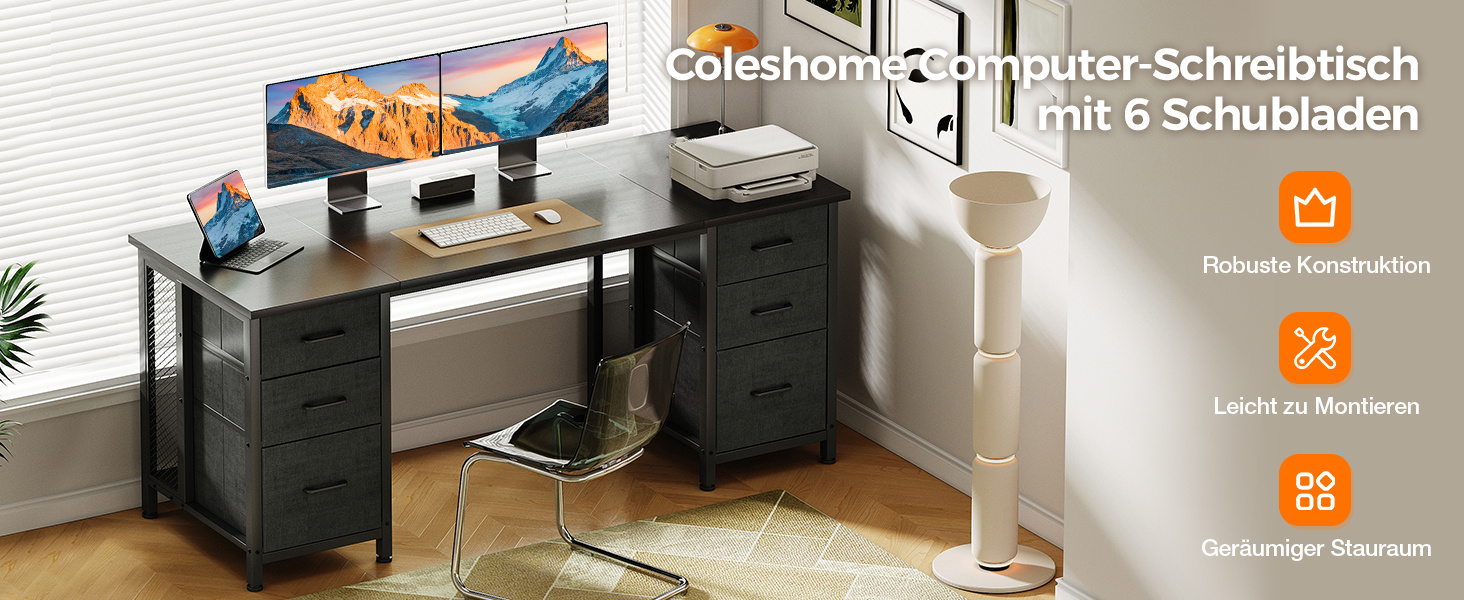 Комп'ютерний стіл Coleshome з 6 висувними ящиками, 160x52 см, білий, для дому та офісу