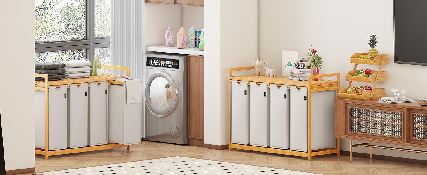 Кошик для білизни AdelDream Premium 200L з 4 відділеннями, бамбуковий каркас, знімний мішок, бежевий | Кошик для білизни для ванної та спальні