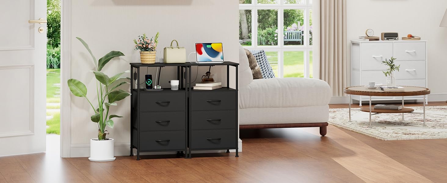 Нічний столик Somdot з підзарядкою, LED, розеткою (USB, Type-C) для спальні, вітальні, дитячої кімнати, чорний, 30x40x60/72 см (2/3 ящики)