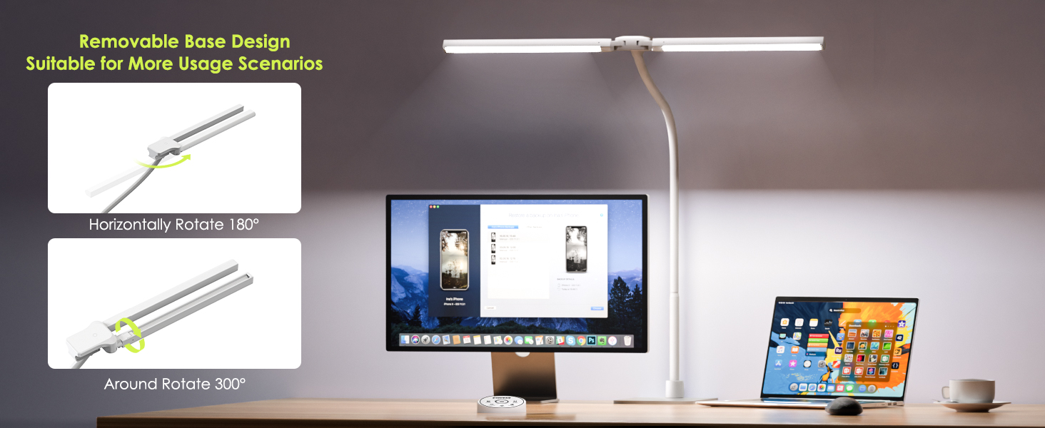 Стіл лампа з двома головками для дітей, захист очей, 16W, 72см, денне світло, диммування, пульт ДУ, лебединий шийка, матовий білий