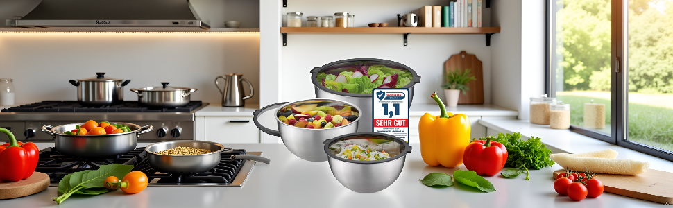 Набір мисок для змішування з нержавіючої сталі (6 шт.) з кришками, 1, 2, 4,5л, шкала, для зберігання, придатні для миття в посудомийній машині