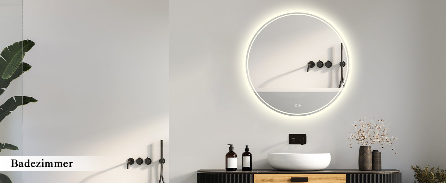 Дзеркало для ванної кімнати з підсвічуванням LED, кругле 50см, сенсорне керування, регулювання яскравості, функція пам'яті, дзеркало з HD склом, захист від вибуху, антизапотівальне покриття, 3 кольори світла, 70x70 см