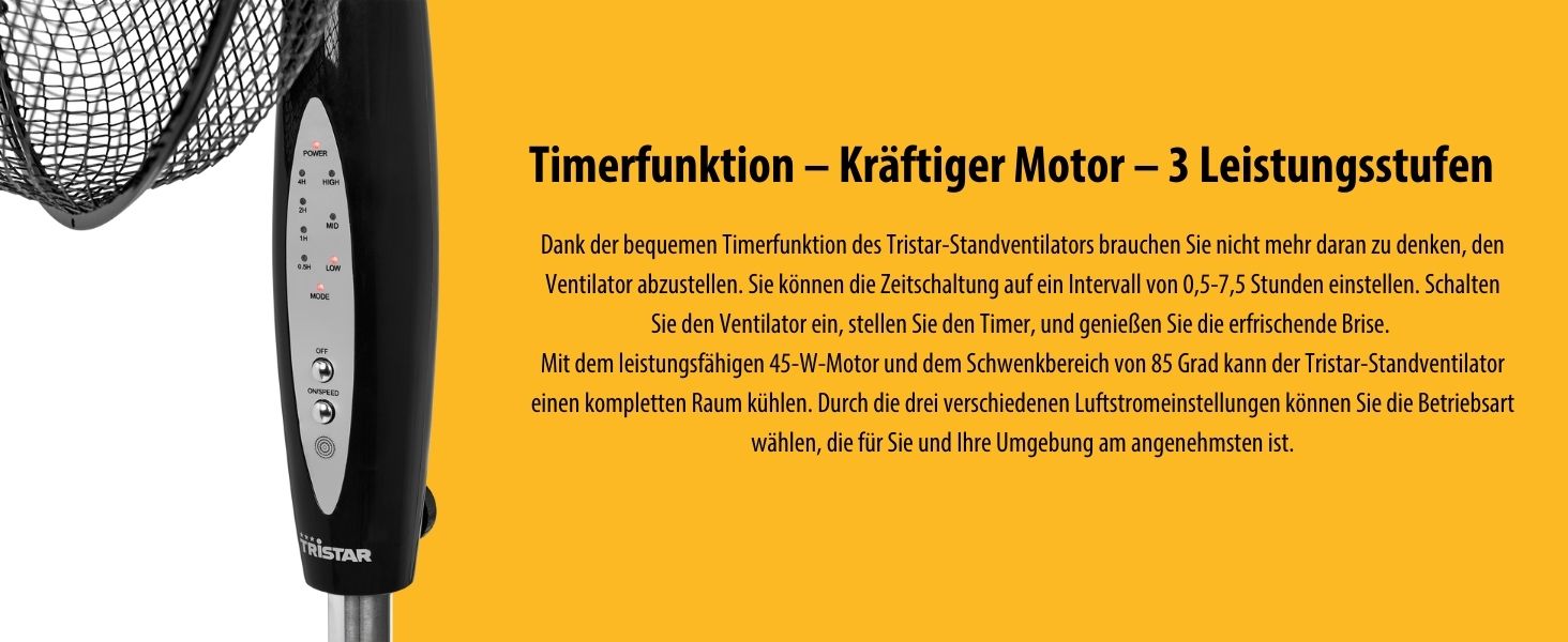 Вентилятор на п'єдесталі Tristar VE-5899 45 Вт 40 см Ø 3 налаштування швидкості Коливається 85 Пульт дистанційного керування, Таймер Чорний