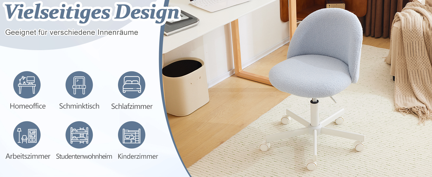 Офісне крісло Bonnlo з роликами, крісло для туалетного столика, регульоване по висоті, для робочого кабінету, спальні, home office, з м'якої тканини Teddy, біле (світло-блакитне)