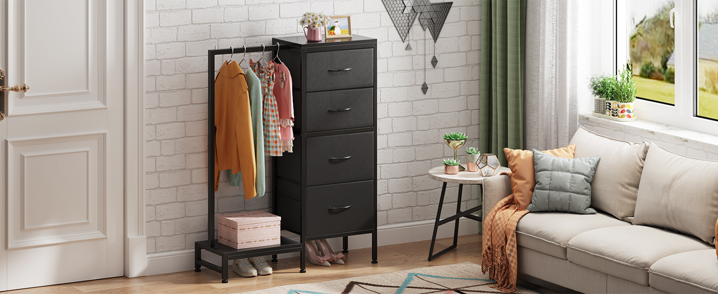 Комод 111 см з 4 висувними ящиками з тканини, шафа для одягу, комод для спальні, вітальні, коридору, чорний (30T x 76.5B x 111H см)