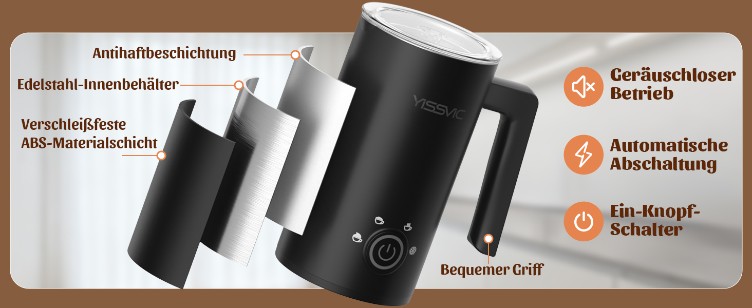 Електричний спінювач молока YISSVIC 4-в-1: автоматичний, 500W, антипригарне покриття, для капучіно, лате, макіато