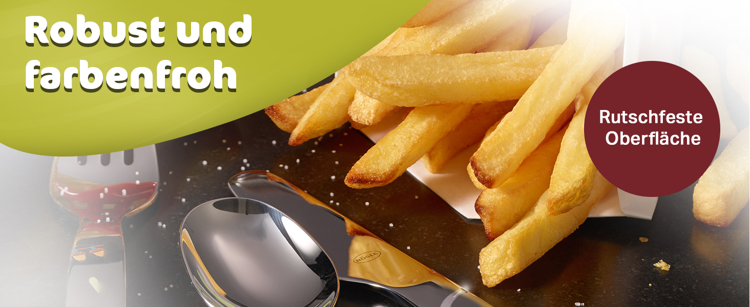 Набір дитячого посуду RÖSLE Kinderbesteck – 4 предмети з нержавіючої сталі 18/10, для дітей від 3 років, безпечний, можна мити в посудомийній машині, чудовий подарунок на хрещення, дизайн 'Маленький робот'