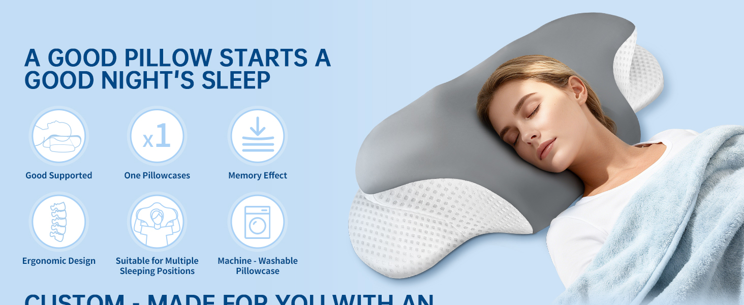 Подушка для шиї з піни Memory Foam, ергономічна для сну на боці, спині, животі, зі знімним чохлом