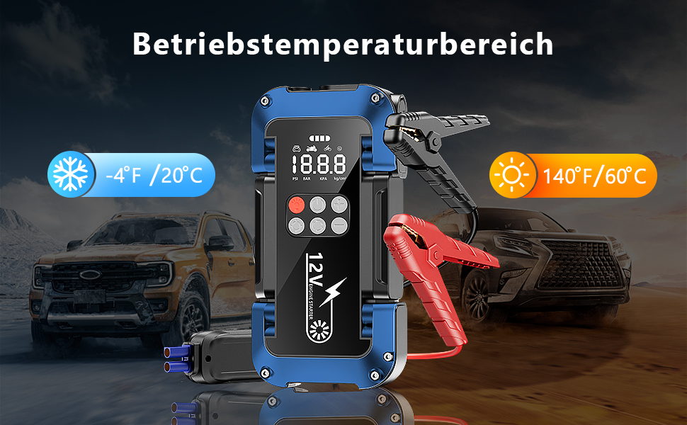 Портативний пусковий пристрій Starthilfe Powerbank з компресором 150PSI, 4000A, 12V для автомобілів та 8.0L дизель, 26800mAh, 4-в-1 з LED-ліхтариком та LCD дисплеєм