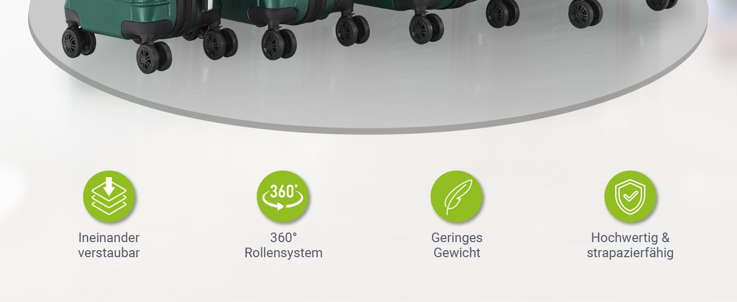 Набір валіз Juskys Hartschale 3 шт. з кодовим замком, тихі колеса 360°, телескопічна ручка, легкі - зелений колір