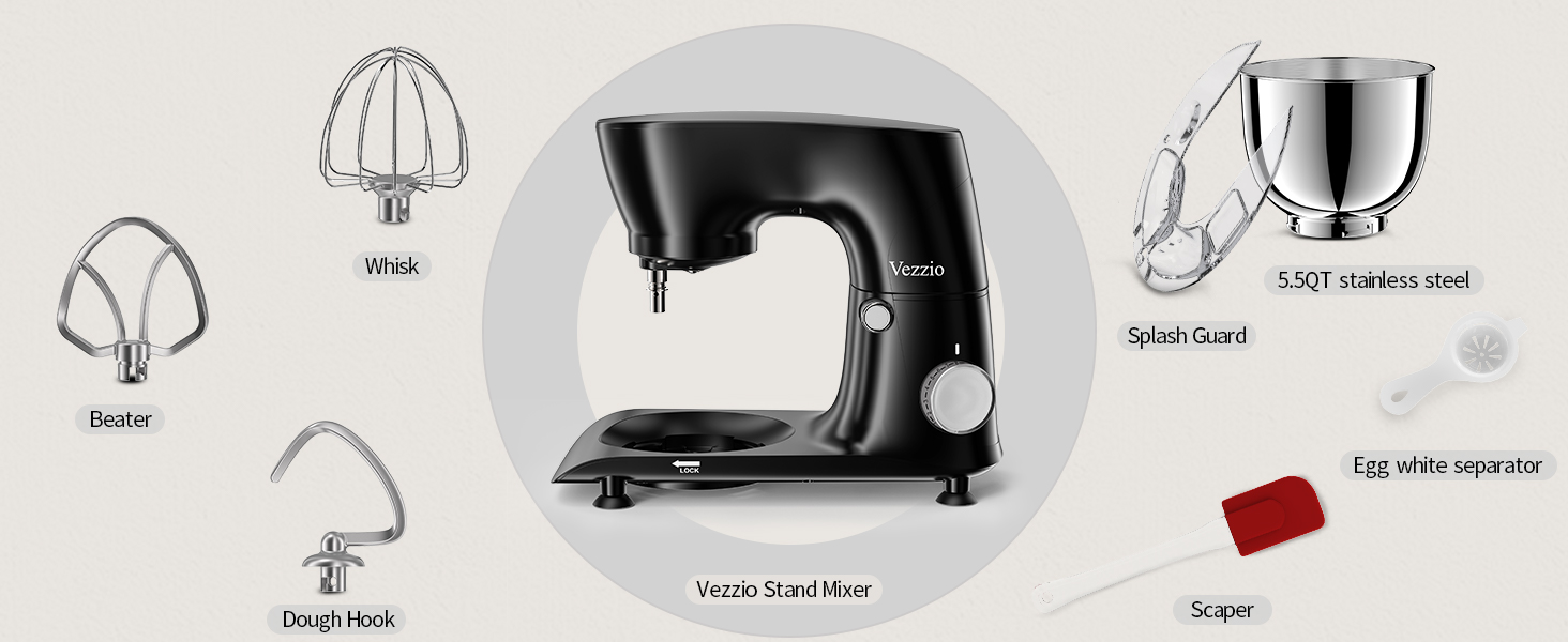 Кухонна машина Vezzio для випічки, 5.5л, 1500Вт, планетарне мішування, з набором насадок (чорна)
