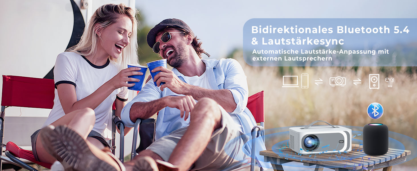 Портативний проєктор Beamer 4K з Dolby Audio, HDR10, WiFi6, Bluetooth 5.4, Auto Fokus, для домашнього кіно та перегляду спортивних подій, білий