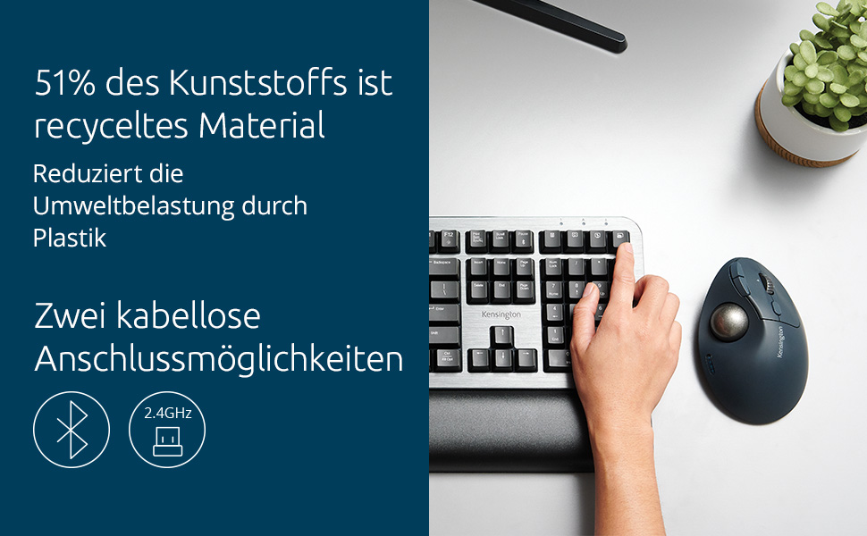 Трекбол Kensington Pro Fit Ergo TB450: Бездротова миша Bluetooth з ергономічним трекболом (34 мм), до 18 місяців роботи від батареї, з переробленого пластику