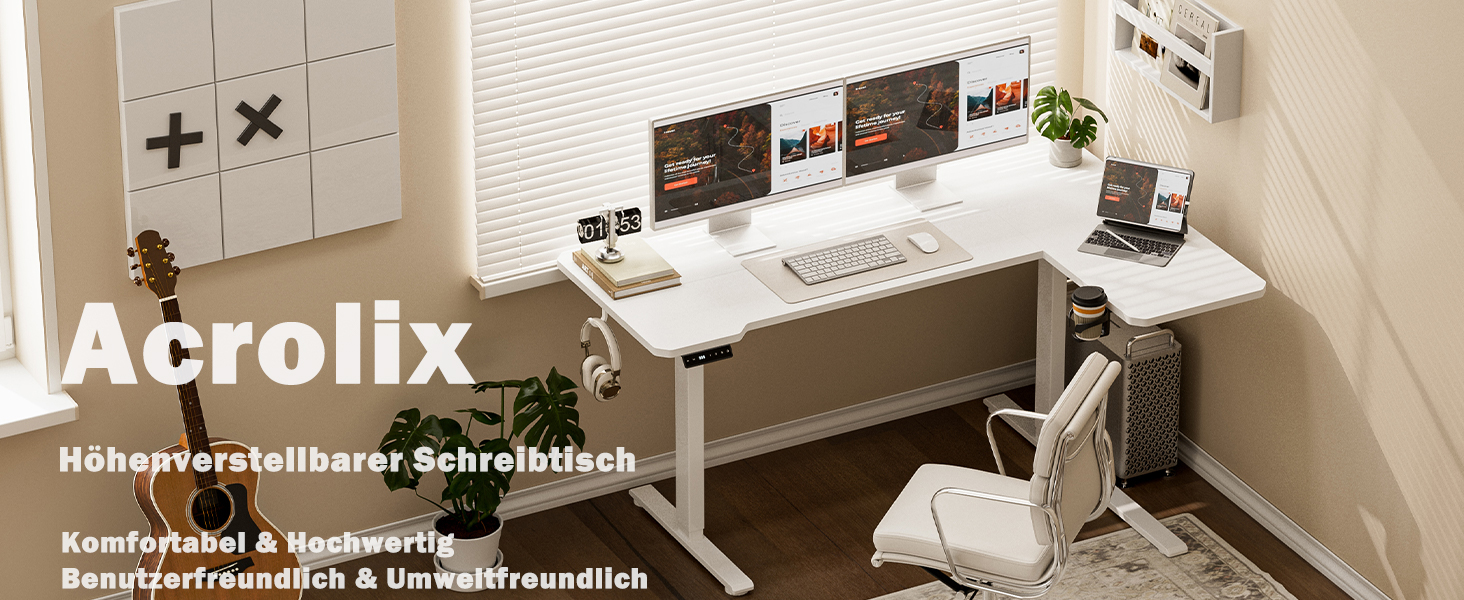 Кутовий стіл з регулюванням висоти 150x100 см, електричний, ергономічний, білий. З підстаканниками та гачками.