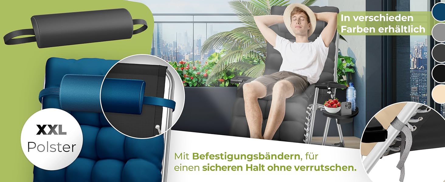 Шезлонг KESSER® для саду, розкладний, вологостійкий, 200 кг, з подушкою, регульована спинка, підголовник та тримач для напоїв, сірий