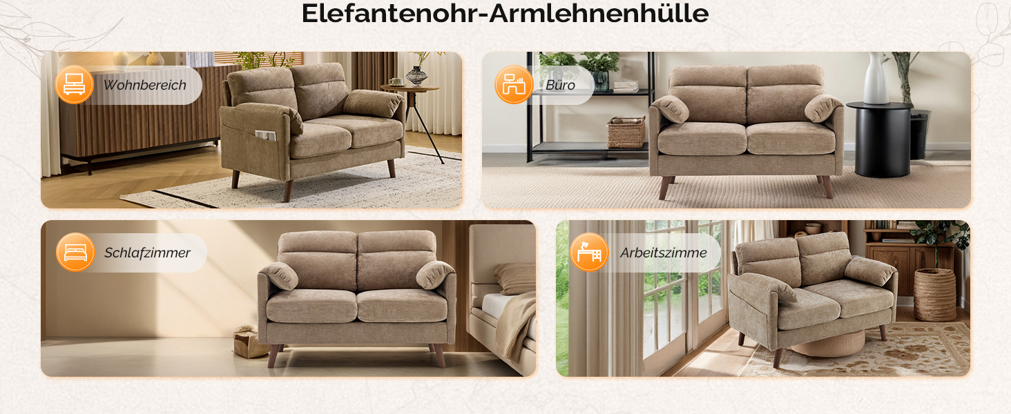 Диван Bonnlo 2-місний, компактний, 125 см, тканинний, з м'якими підлокітниками, для офісу, вітальні, спальні, кабінету, легка збірка, льон, коричневий