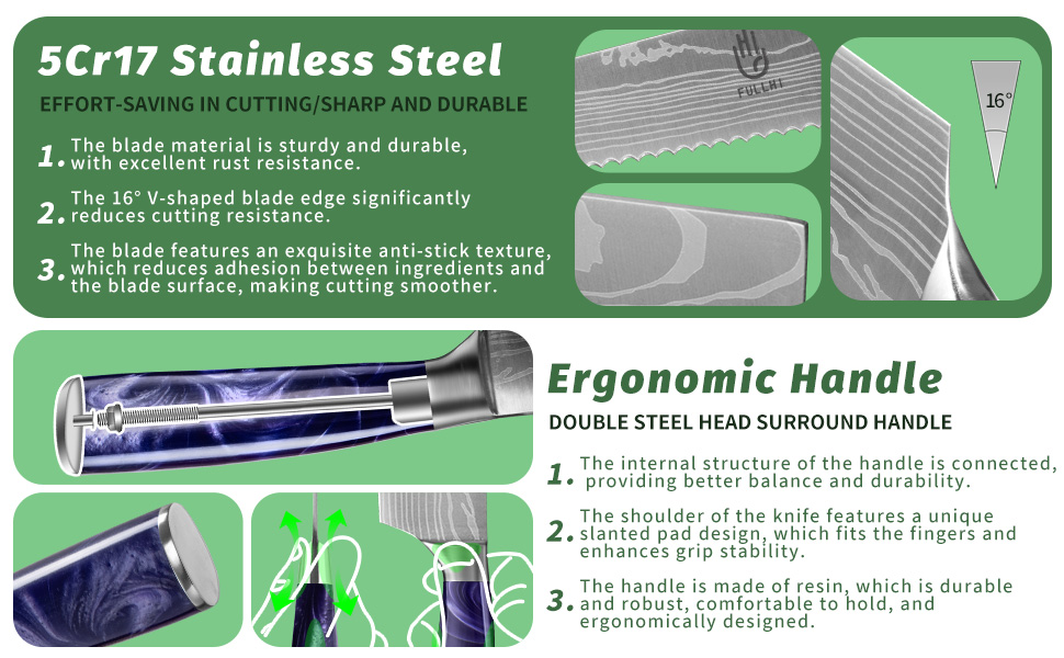 Набір кухонних ножів Fullhi 14 предметів з бруском та чохлом, набір кухонних ножів для приготування стейків, кольорова ручка (фіолетовий смоляний)