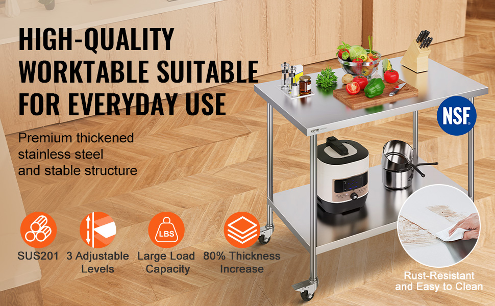 Стол з нержавіючої сталі VEVOR 90x60x85 см, з 4 колесами, регульована висота, для приготування їжі, срібний