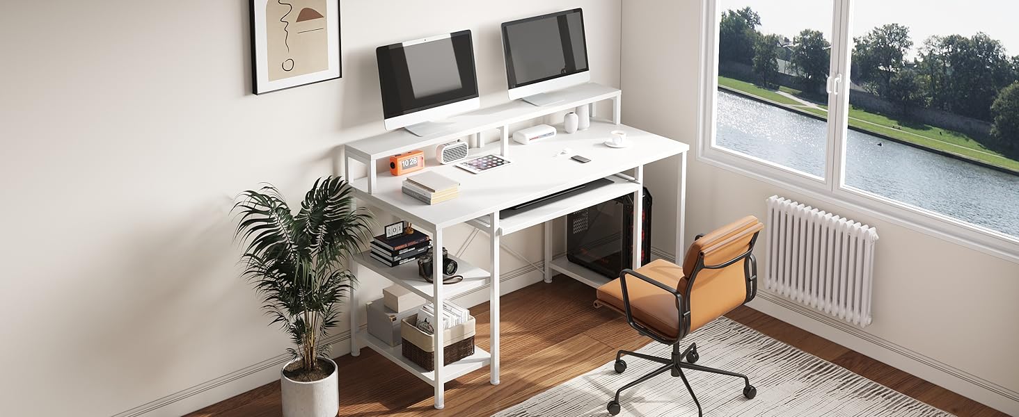 Комп'ютерний стіл для дому та офісу з підставкою для клавіатури, геймінговий стіл з підставкою для монітора та CPU-стійкою, сучасний стіл для навчання та роботи, білий, з полицями