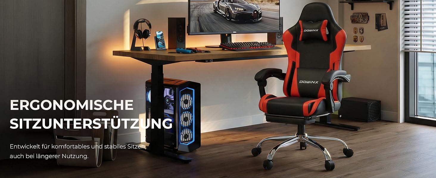Ігрове крісло Dowinx Ergonomic Gaming Chair з підножкою, навантаження до 150 кг, регульовані підлокітники, офісне крісло для ПК, червоне