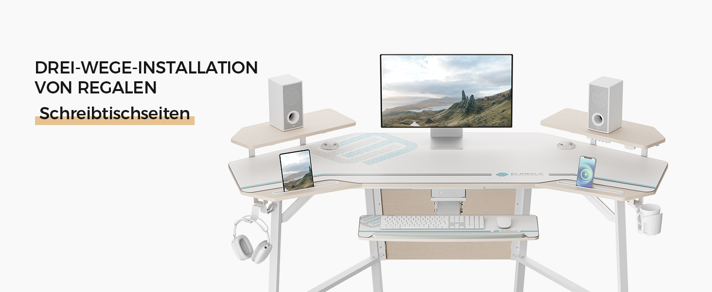 Ігровий стіл EUREKA ERGONOMIC 160x74 см з крилами, для ПК, з 2 відсіками для iPad, для дому, офісу, стрімінгу, білий акорн