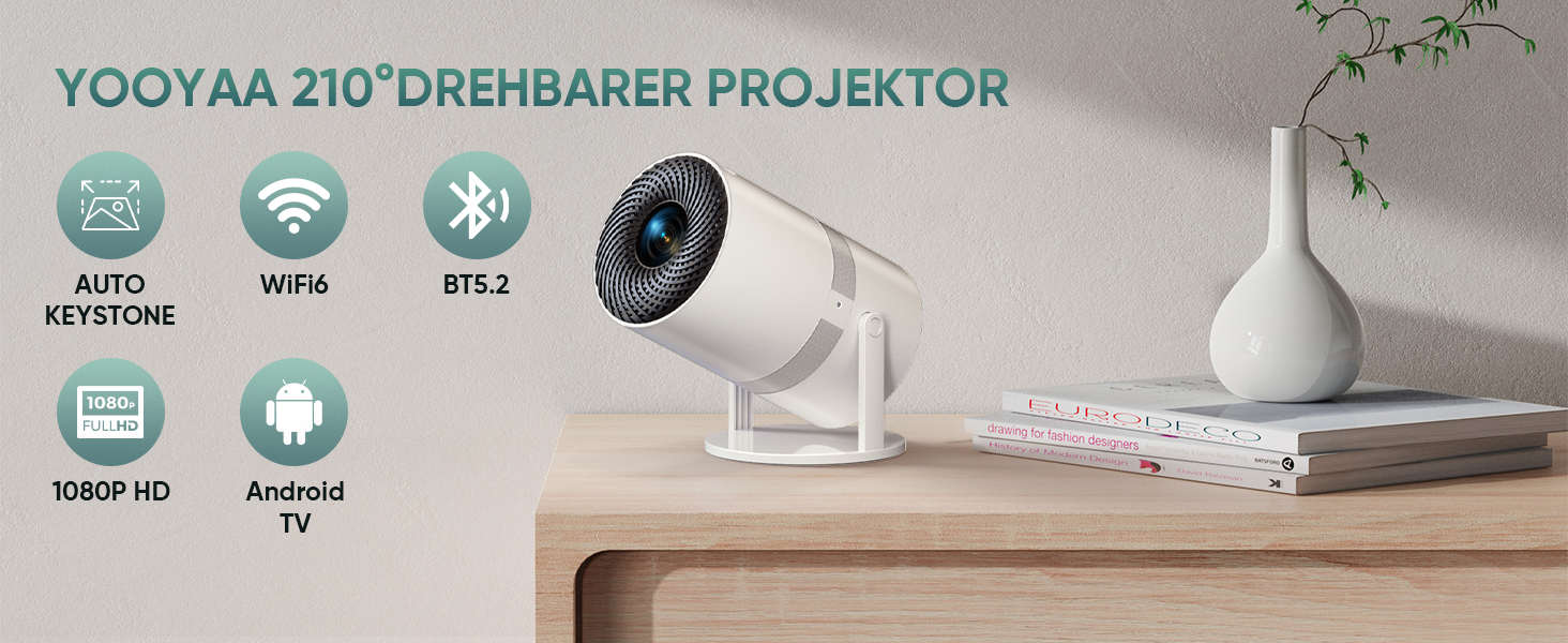 Міні-проектор Smart Beamer з Android OS, WiFi 6 та Bluetooth, Full HD 1080P, поворот на 210°, автокоррекція трапеції та 50% зум для дому та вулиці