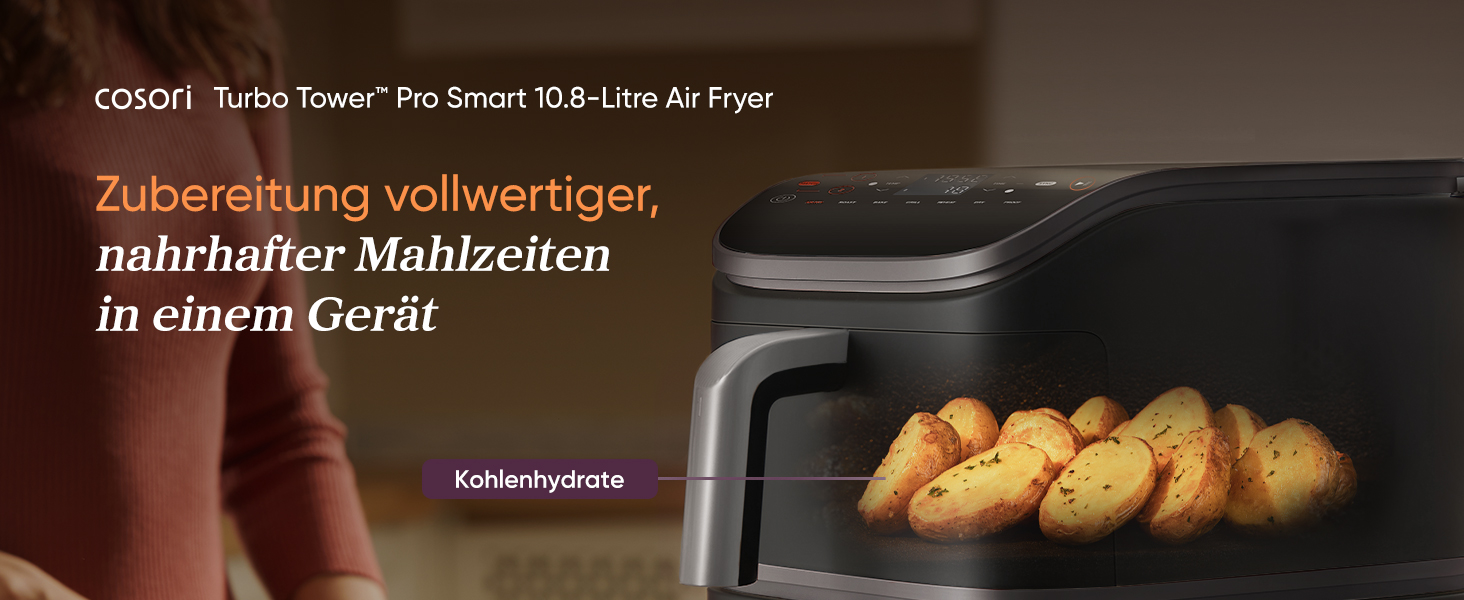 Фритюрниця без олії COSORI Turbo Tower Pro з 2 камерами, 10.8 л, DualBlaze, керамічне покриття, Wi-Fi, автоматичне регулювання повітряного потоку