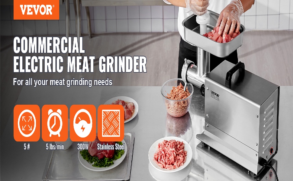 Електричний м'ясорубка VEVOR для кухні та ресторану, 2.27 кг/хв, 300 Вт, з нержавіючої сталі