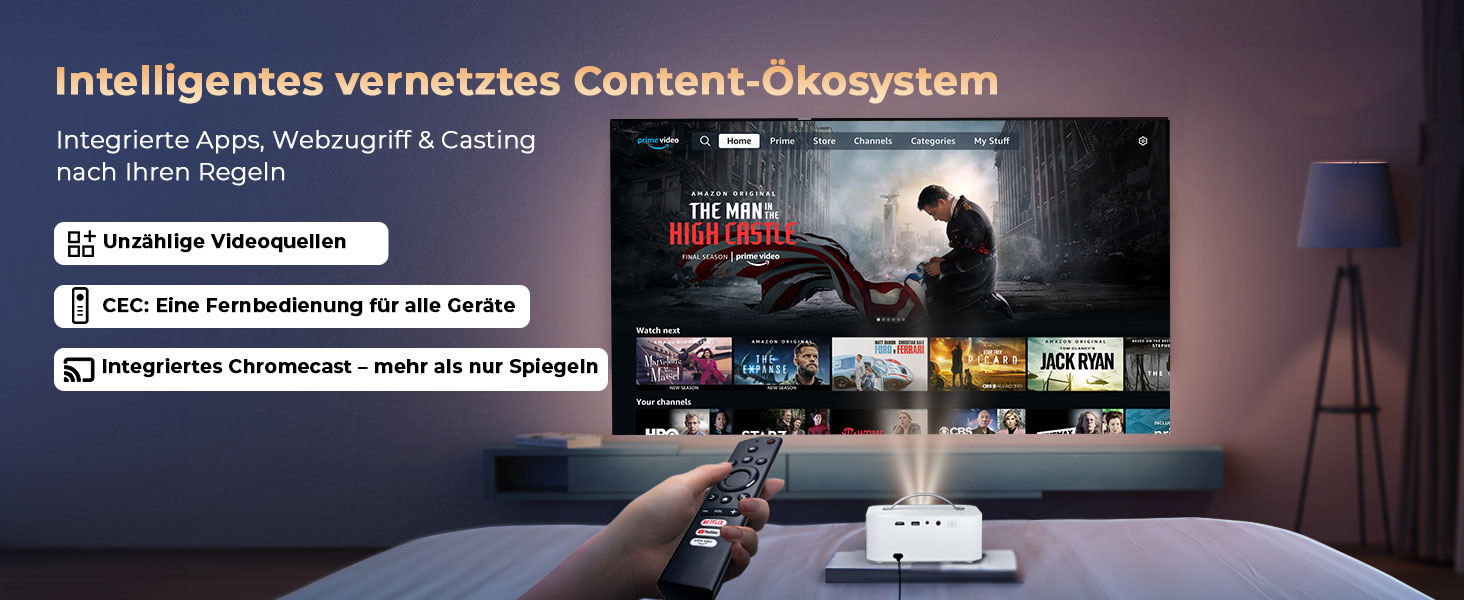 Портативний проєктор Beamer 4K з Dolby Audio, HDR10, WiFi6, Bluetooth 5.4, Auto Fokus, для домашнього кіно та перегляду спортивних подій, білий