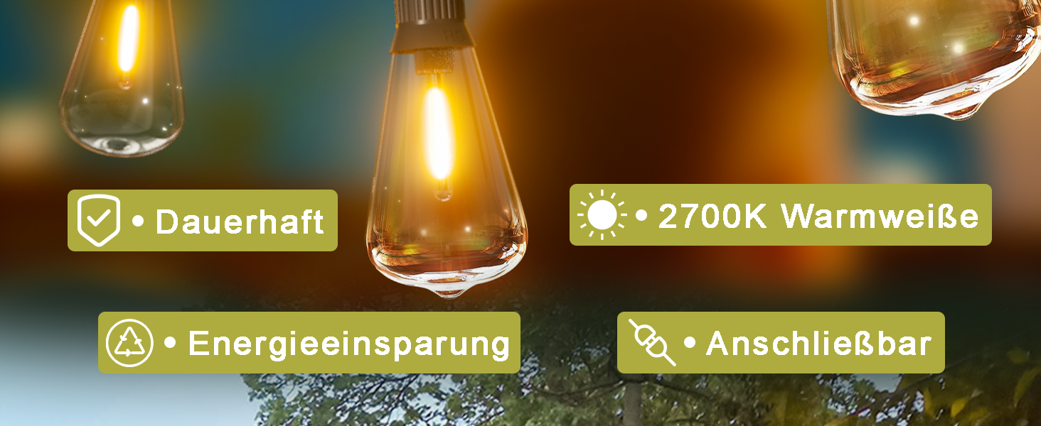Світлодіодні струнні світильники для вулиці, 27 лампочок ST38, IP65, теплий білий 2700K, прикраса саду/патіо/вечірки, 15M