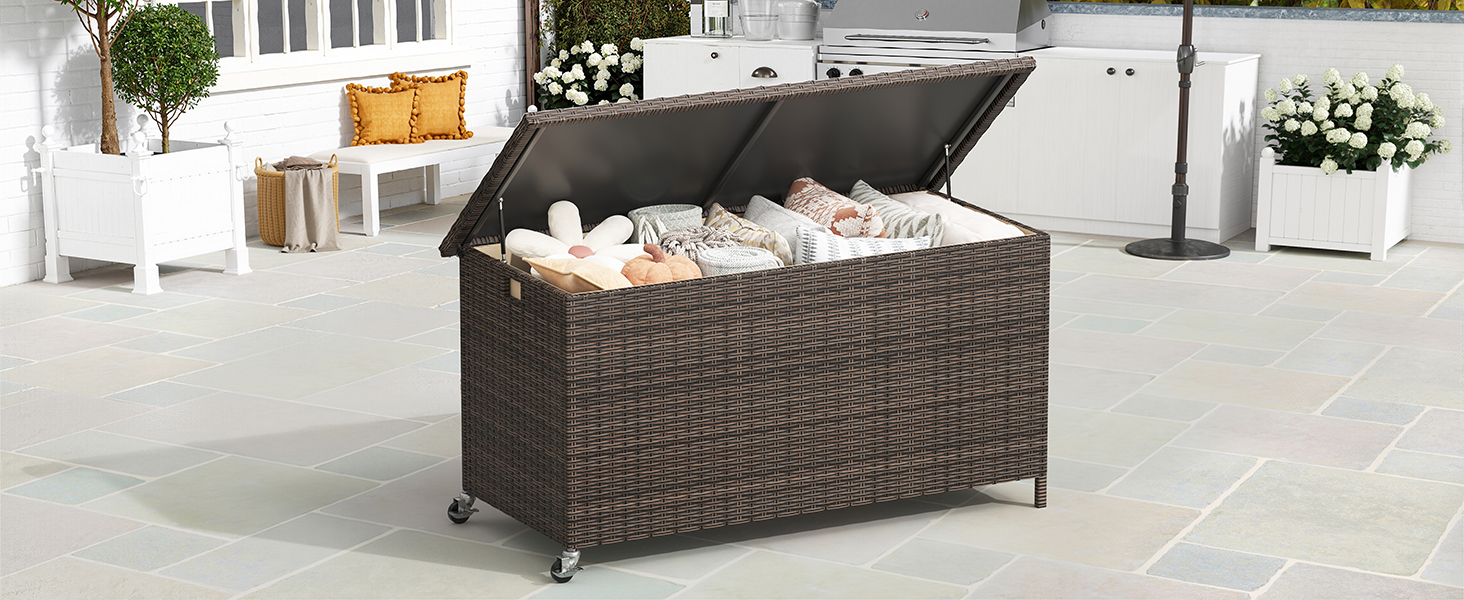 Водонепроникний ящик для зберігання Gartenbox з коліщатками 310л, коричневий 138x61 см для саду та балкону