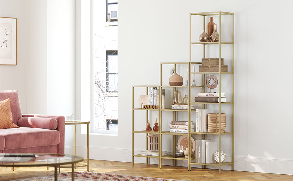 Регал VASAGLE з 5 полицями, скляна вітрина для ванної, вітальні, кухні, офісу, прозора + металік золото, легка збірка, LGT029A01