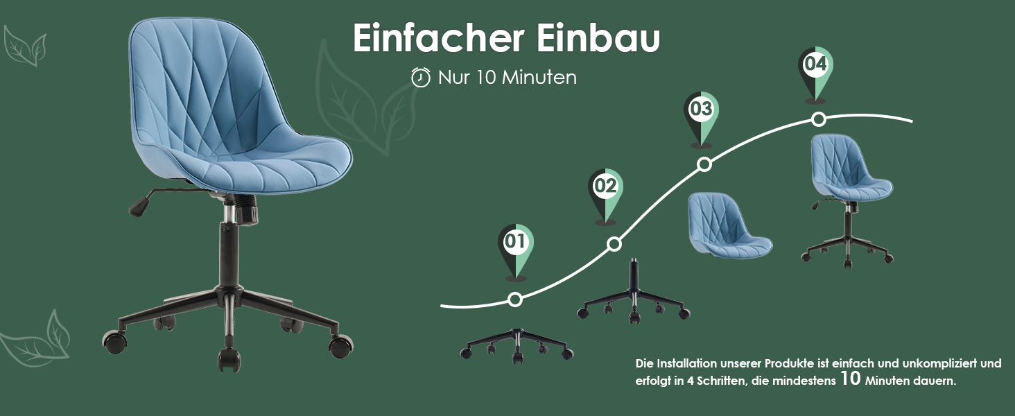 Офісне крісло YOUTASTE з принтом листя, ергономічне, регульоване по висоті з функцією гойдання, без підлокітників, шкіряне, для дому та офісу, блакитне
