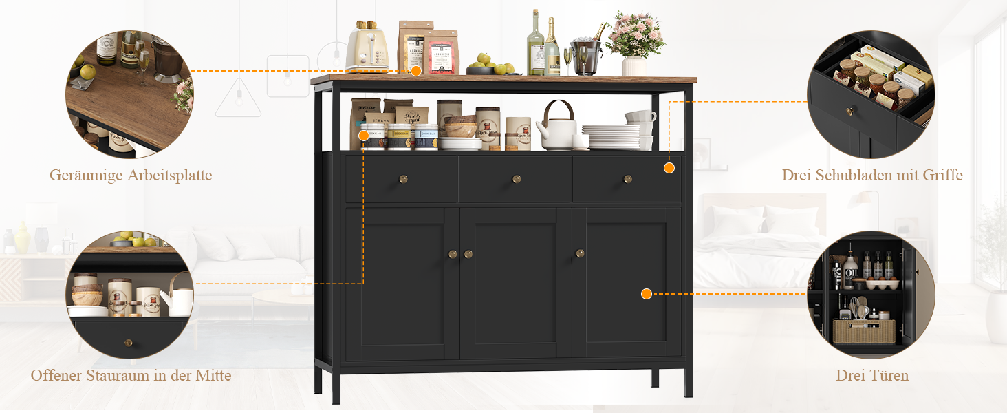 FirFurd Комод-тумба у вітальню, кухню, їдальню. Білий комод з 3 висувними ящиками та 3 дверцятами, регульована полиця, 108x38x98,5 см