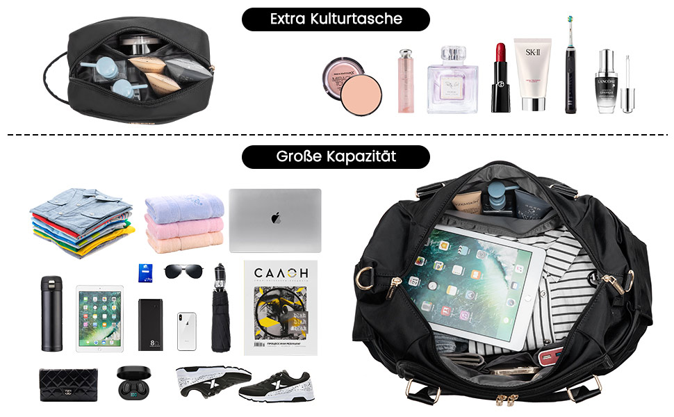 Спортивна сумка LOVEVOOK для подорожей: жіноча дорожня сумка-weekender з культюрною косметичкою, відділенням для взуття та мокрих речей, водонепроникна сумка для ночі, сумки для тренажерного залу, подорожей та аеропорту (37L, чорний)