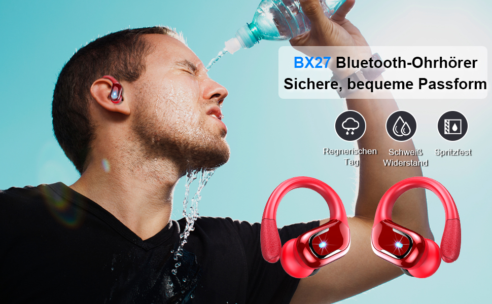 Бездротові спортивні навушники-вкладиші, Bluetooth 5.3, ENC, 75H, Hi-Fi, LED, IP7, USB-C, червоний