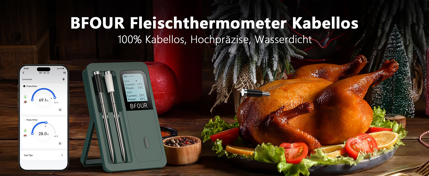 Бездротовий термометр для м'яса з Bluetooth, 2 зонди, LCD-дисплей, керування через додаток, для гриля, барбекю, коптильні, духовки, кухні, BF-40