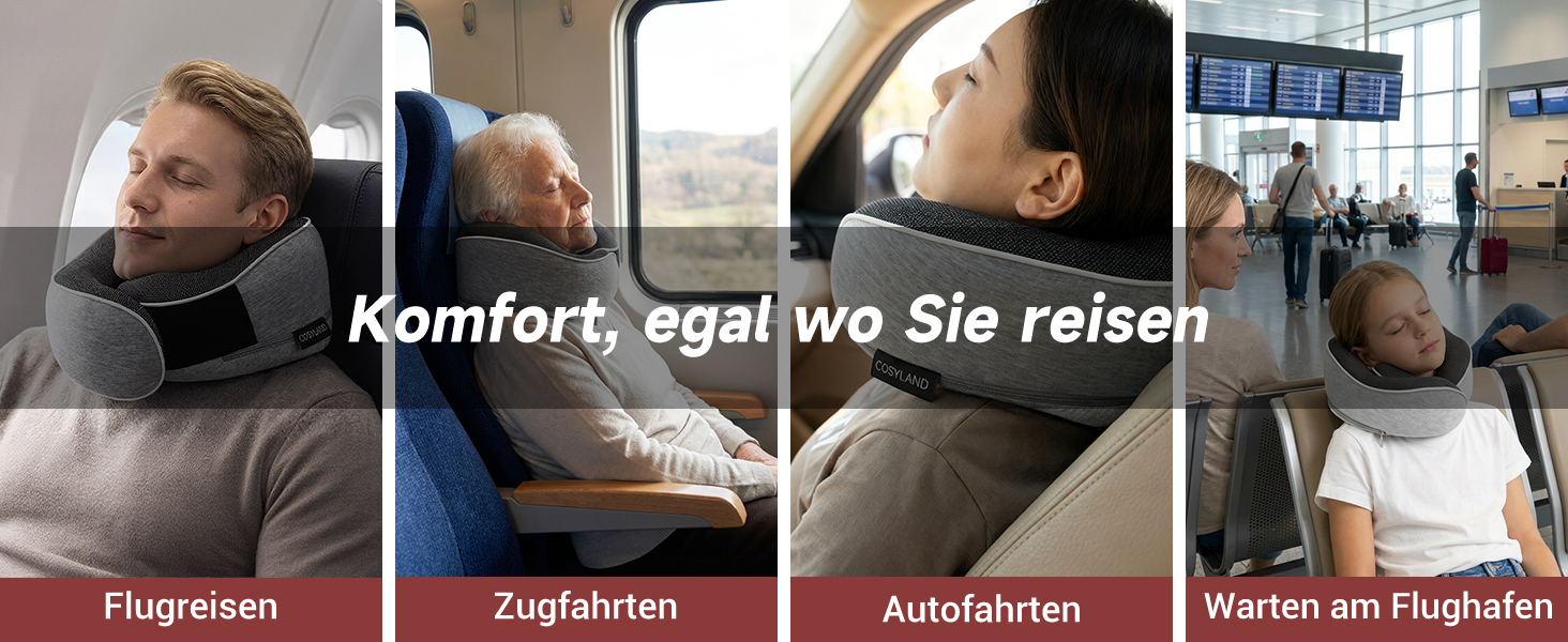 Подорожня подушка для шиї COSYLAND з ефектом пам'яті (Memory Foam) для літака та авто, ергономічна підтримка 360°, регульована, сіра (набір: чохол, маска для сну, беруші)