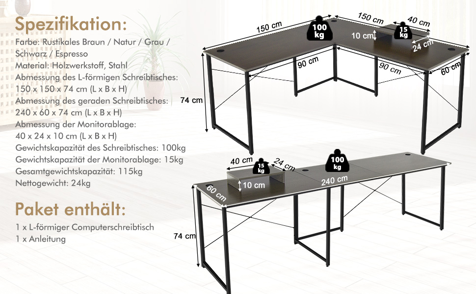 COSTWAY L-подібний кутовий стіл, геймінговий та офісний, 150 x 150 x 74 см (Чорний)