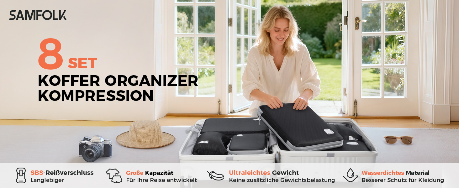 Набір органайзерів для валізи та рюкзака з компресією, водонепроникні пакувальні куби для подорожей, 8 предметів, чорний