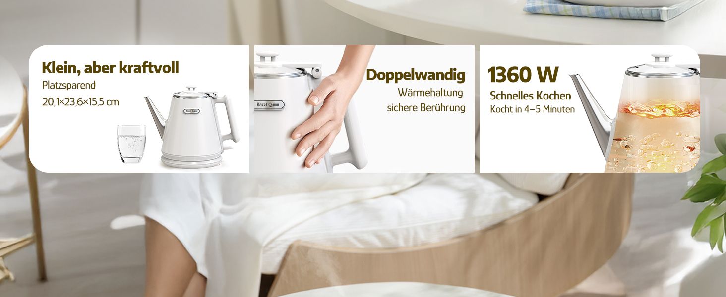 Електричний чайник Hazel Quinn, 1 л, ретро-дизайн, білий перламутровий, з нержавіючої сталі 304, 1360W, BPA-free, автоматичне відключення