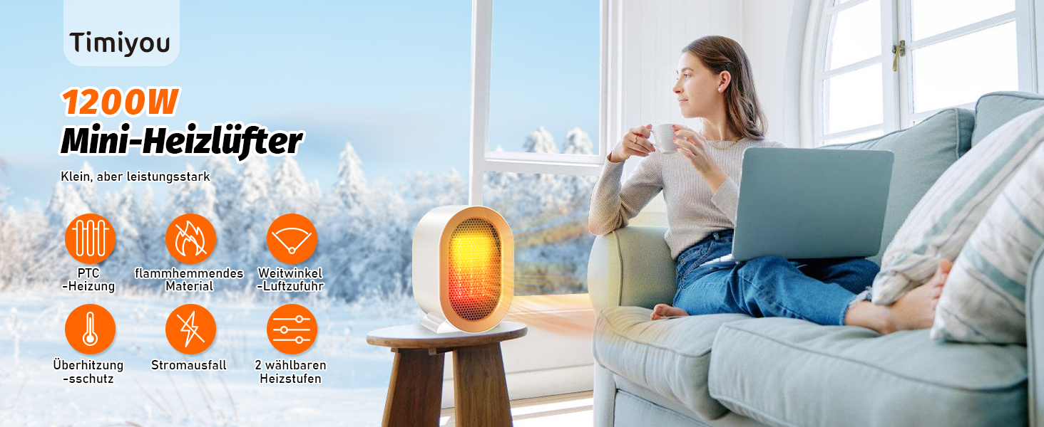 Електричний обігрівач PTC: тихий, керамічний, з регулюванням температури, портативний, з захистом від перегріву та перекидання. Підходить для офісу, дому, гуртожитку