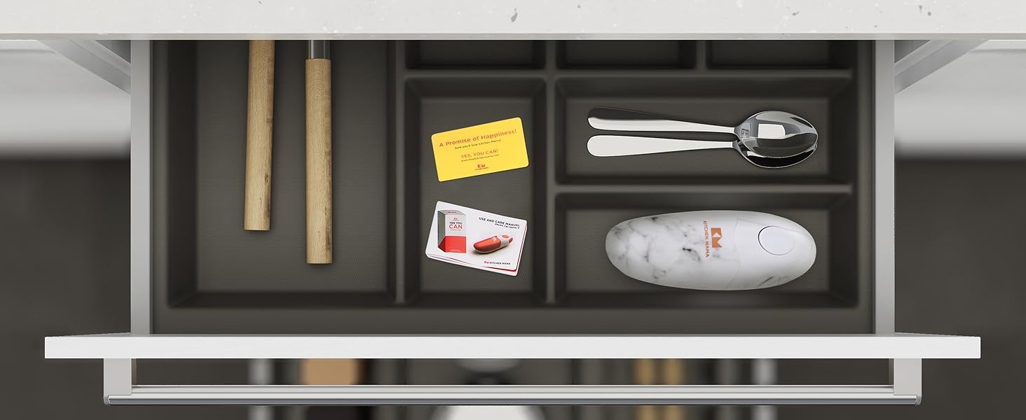 Електричний відкривач консерв Kitchen Mama 2.0: автоматичний, бездротовий, з гладкою кромкою, для безпечного відкривання, працює від батарейок (мармуровий чорний)