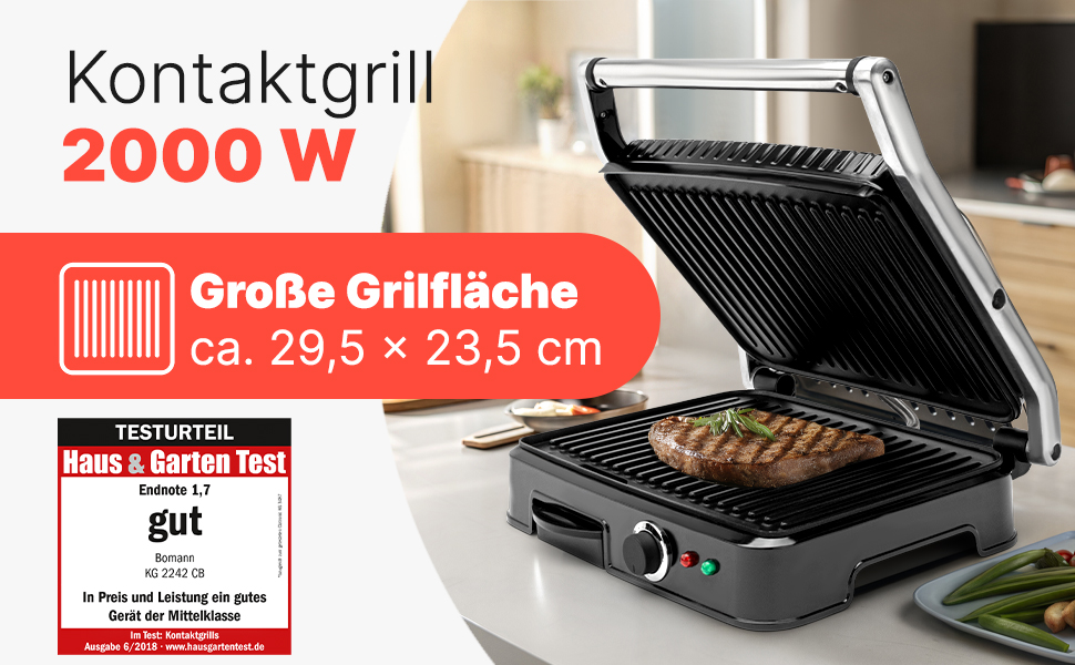 Контактний гриль Bomann KG 2242 CB | 2000W | антипригарне покриття | для приготування Паніні та контактного гриля